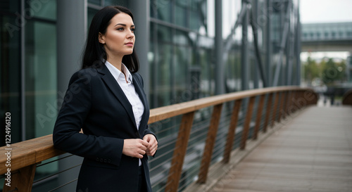 Businesswoman in professional attire standing confidently on a modern bridge