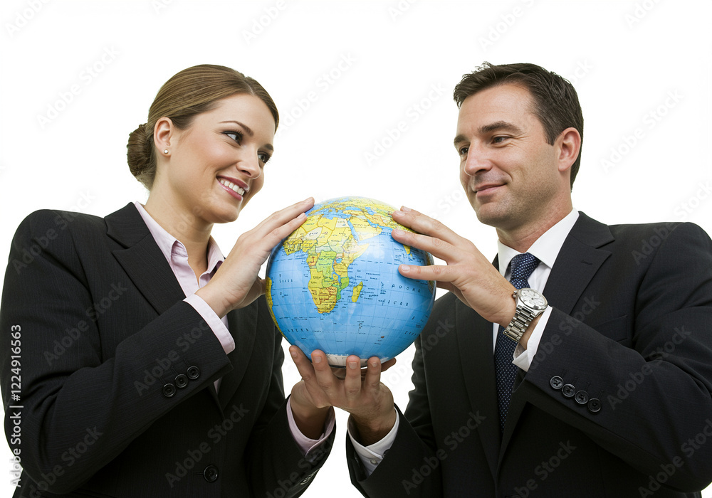 Globe showing global business collaboration with world map in professional setting Globe showing global business collaboration with world map in professional setting