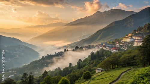 Serene Morning Mist over Tawang Town, Arunachal Pradesh, India