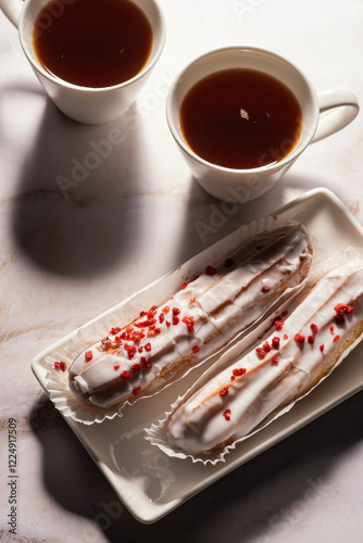 Two cups of tea and two eclairs with white icing and red sprinkles on a white plate are arranged on a table with a shadow pattern.