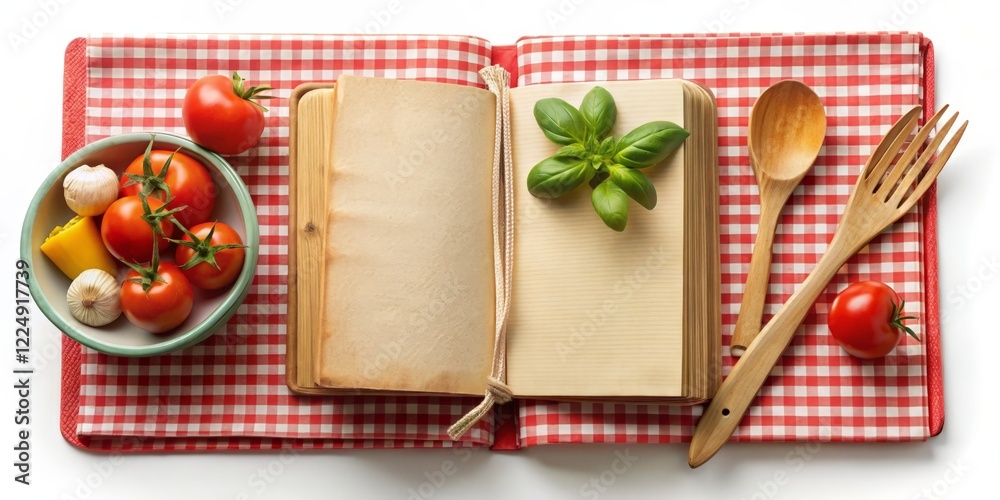 Open Cookbook with Vegetables and Utensils Open Cookbook with Vegetables and Utensils