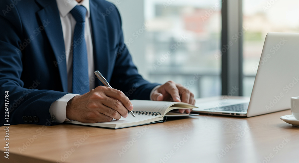 Person writing in business setting with notebook and laptop