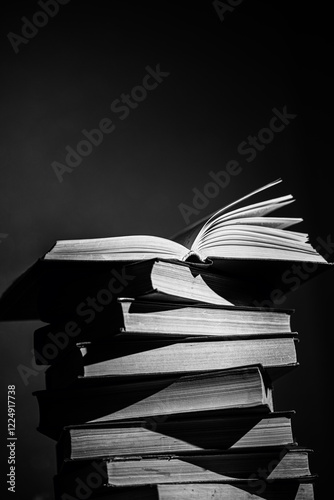 A stack of books with one open book on top, pages slightly fanned out, in a black and white setting with dramatic lighting and shadows.