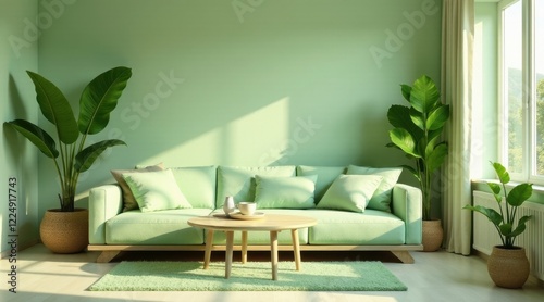 Wallpaper Mural Serene Living Room Interior Design with Light Green Walls and Lush Greenery Torontodigital.ca