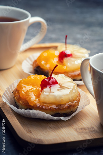 Two pastries topped with glazed fruit and cherries are placed on a wooden board, accompanied by two cups of tea.