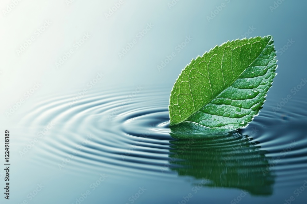 Green Leaf on Water Surface Creating Gentle Ripples and Reflections in Calm Environment