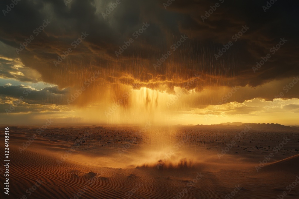 Fototapeta premium Majestic desert rainstorm illuminates the sky with vibrant colors at sunset