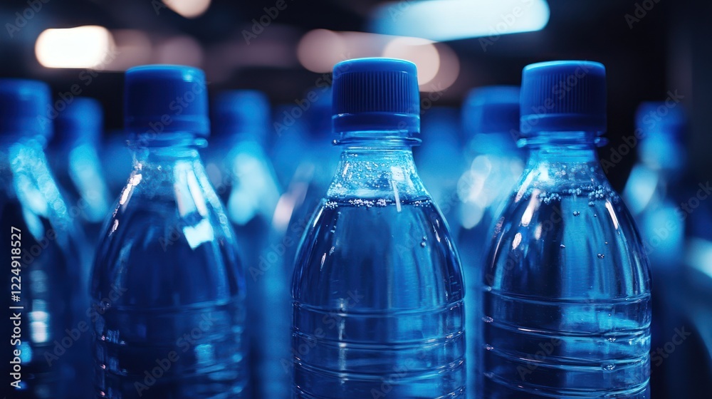 Close-up of several plastic water bottles with blue caps. Close-up of several plastic water bottles with blue caps.