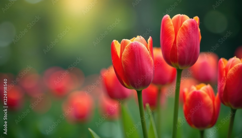 Tulips in a garden with blurry background and raindrops, floral arrangement, soft focus background Tulips in a garden with blurry background and raindrops, floral arrangement, soft focus background