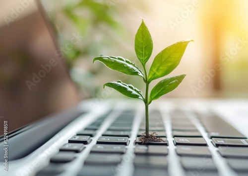 A green plant thrives from a laptop's keyboard, illustrating eco-friendly innovation, sustainable tech, and environmentally responsible information systems