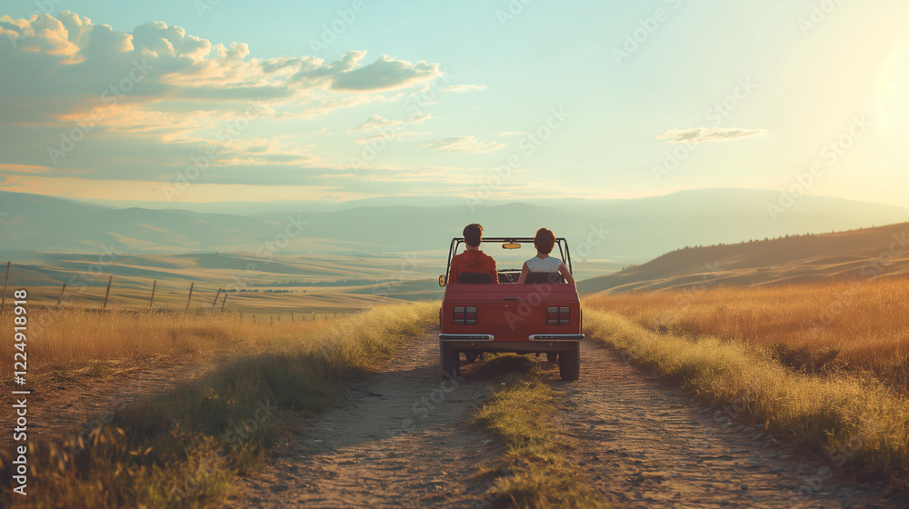 Fototapeta premium Two people in pickup truck bed watching sunset on trail.