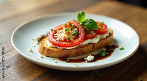 Wallpaper Mural A Delicious Toasted Bread topped with Creamy Cheese, Sliced Tomatoes, and a Balsamic Glaze, garnished with fresh herbs Torontodigital.ca