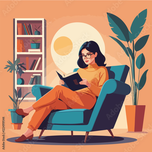 Woman Relaxing on Armchair Reading a Book in Cozy Living Room