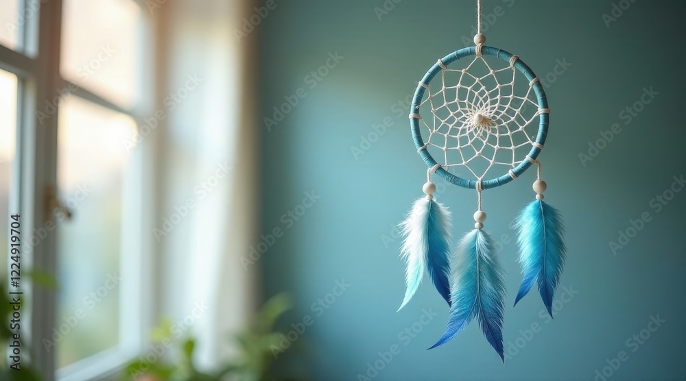 Obraz premium Serene Teal Dream Catcher with Soft Feathers Hanging Near a Bright Window