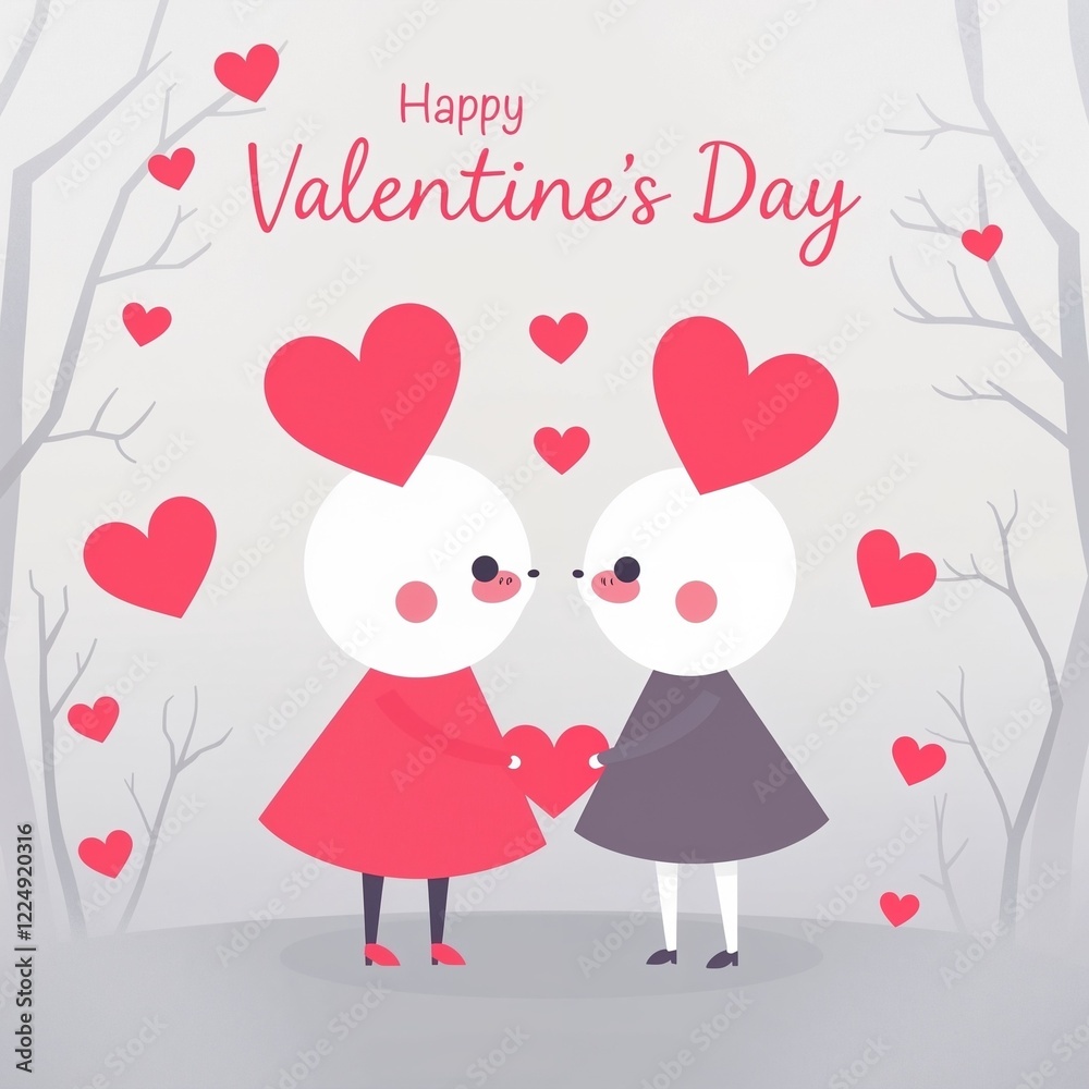 Cute Valentine's Day illustration in modern flat design with charming characters in a foggy setting
Cute Valentine's Day illustration in modern flat design with charming characters in a foggy setting