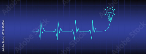 Heart rhythm illustration on blue medical background with lightbulb, heartbeat line vector design to use for healthcare, business, healthy lifestyle, medicine and ekg concept illustration project. 