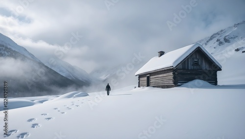 A person walking on snow covered mountain, Backside view of a man walking on snow covered mountain background, Cabin in a Snowy Mountain Landscape, Snow covered mountain hut old farmhouse