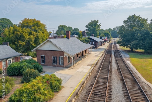 Elevated View of Historic Brick Train Station Beside Railroad Tracks in a Small Town photo