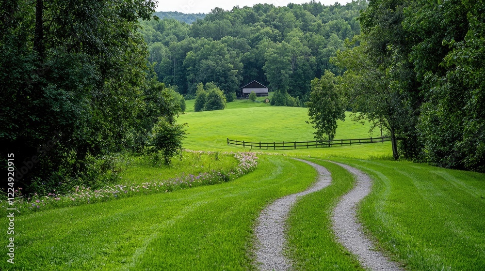 Naklejka premium Winding country road leads to a farmhouse in a lush green valley. Ideal for travel brochures