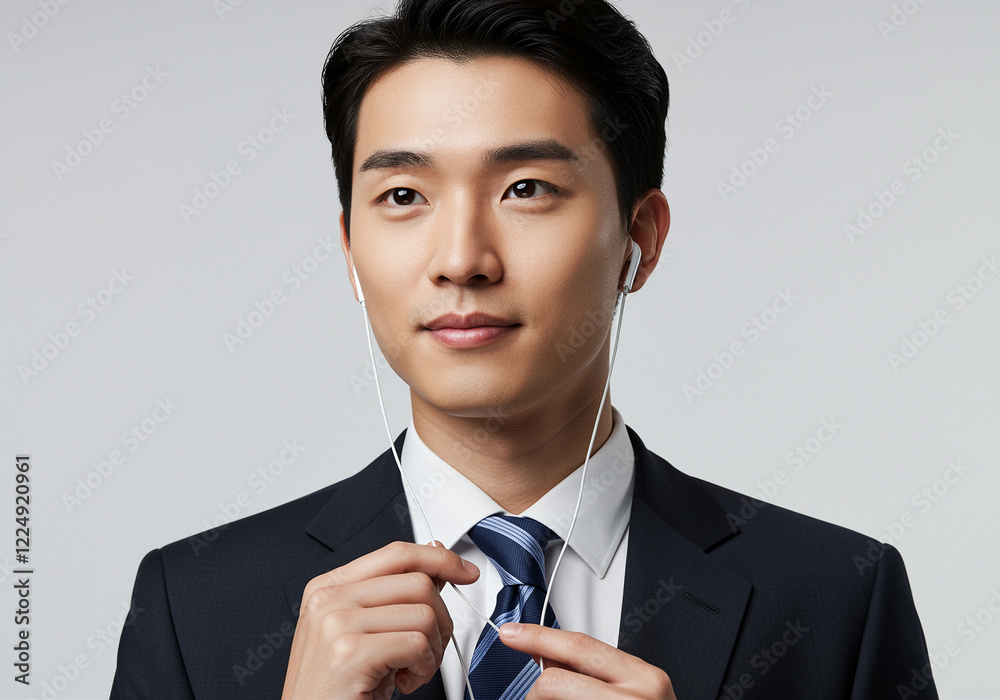 Man in suit with earphones adjusting tie for professional business portrait Man in suit with earphones adjusting tie for professional business portrait