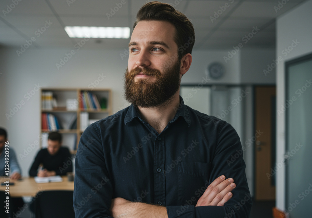 Confident man in business meeting with colleagues discussing strategies Confident man in business meeting with colleagues discussing strategies