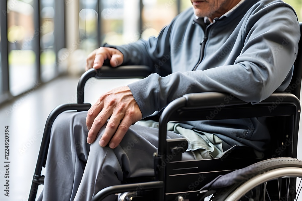 A man with a physical handicap and a mobility issue uses a wheelchair. Close-up with copy space A man with a physical handicap and a mobility issue uses a wheelchair. Close-up with copy space