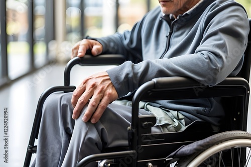 A man with a physical handicap and a mobility issue uses a wheelchair. Close-up with copy space