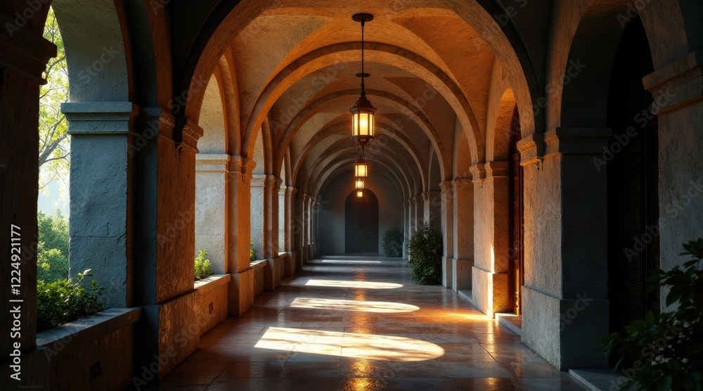 Sunlit Colonnade A Serene Passageway with Warm Golden Light Illuminating Stone Arches and Tranquil Greenery Sunlit Colonnade A Serene Passageway with Warm Golden Light Illuminating Stone Arches and Tranquil Greenery