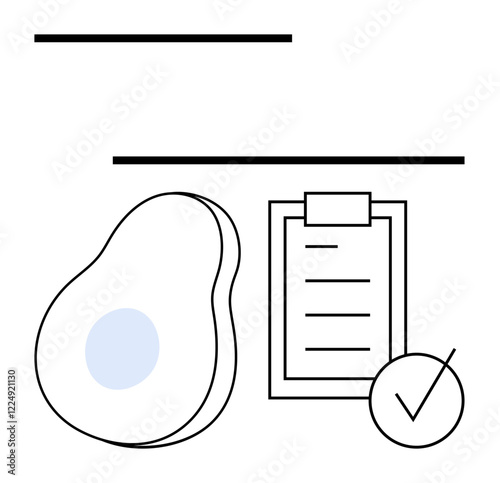 Avocado with a light center, checklist pad, and checkmark. Ideal for wellness, healthy eating, meal prep, nutrition, dieting planning food habits. Abstract line flat metaphor