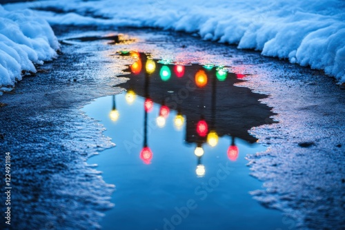 Colorful reflections in a puddle on a snowy street during winter at dusk photo