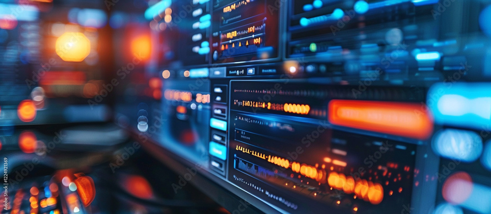 Fototapeta premium Holographic financial graphs and data over glasses and keyboard on blurry background, representing business, fintech, and market analysis