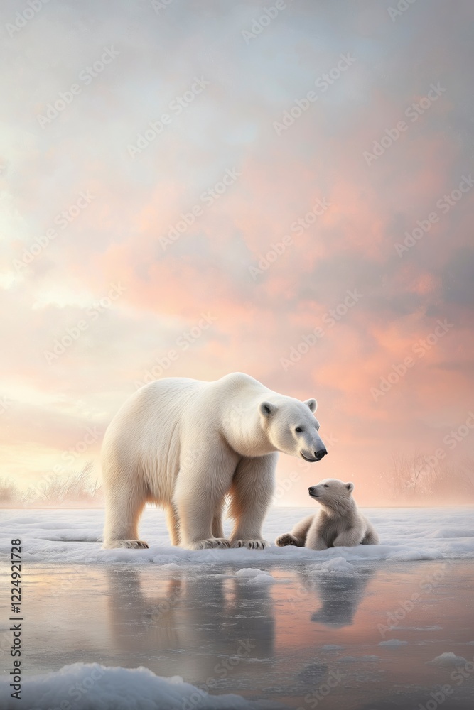 Fototapeta premium Gentle bond between a mother polar bear and her curious cub in a serene arctic landscape at dusk. Generative AI