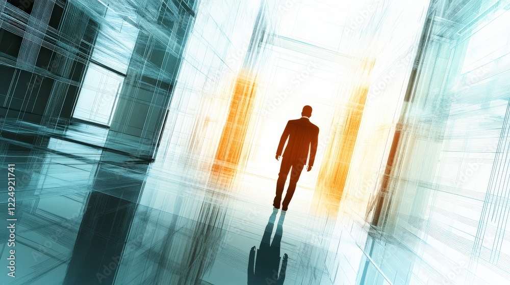 Silhouette of a businessperson walking through a modern, abstract corridor with glowing lights Silhouette of a businessperson walking through a modern, abstract corridor with glowing lights