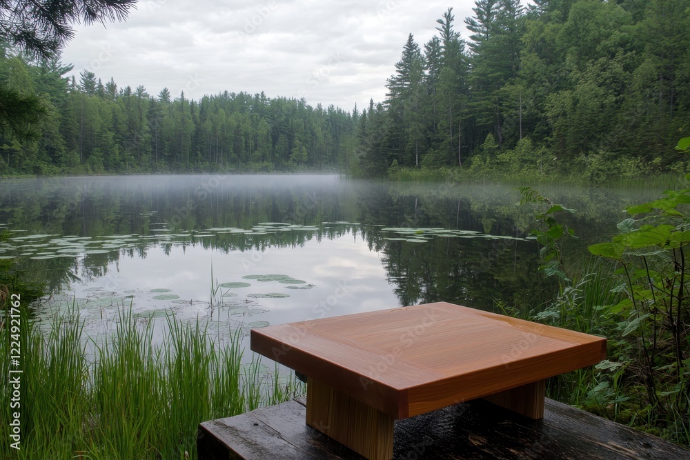 Calm Reflective Lake Surrounded by Lush Green Forest in the Early Morning Fog Calm Reflective Lake Surrounded by Lush Green Forest in the Early Morning Fog