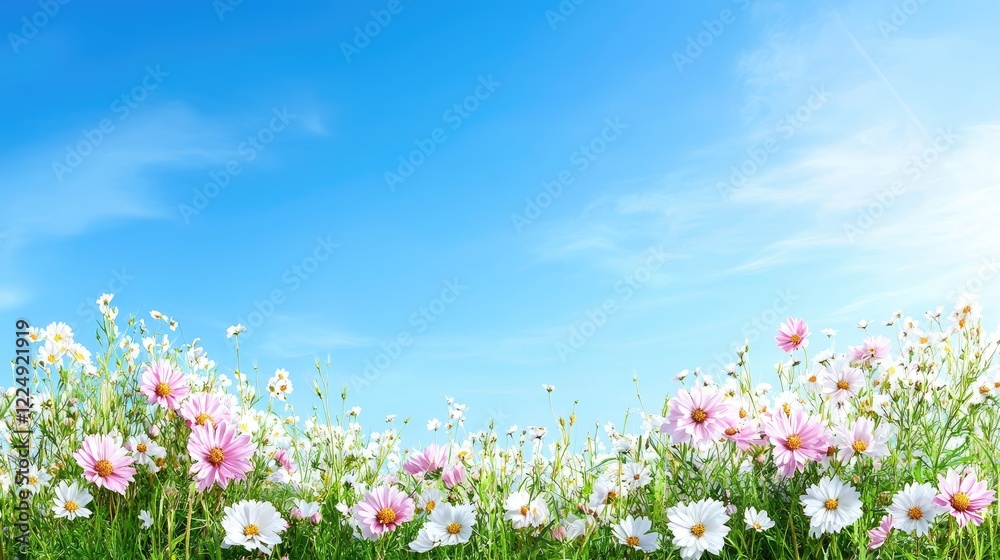 Spring flowers meadow under sunny blue sky, ideal for greeting cards Spring flowers meadow under sunny blue sky, ideal for greeting cards
