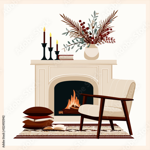 Vector cozy living room illustration featuring a fireplace, armchair, and decorative elements