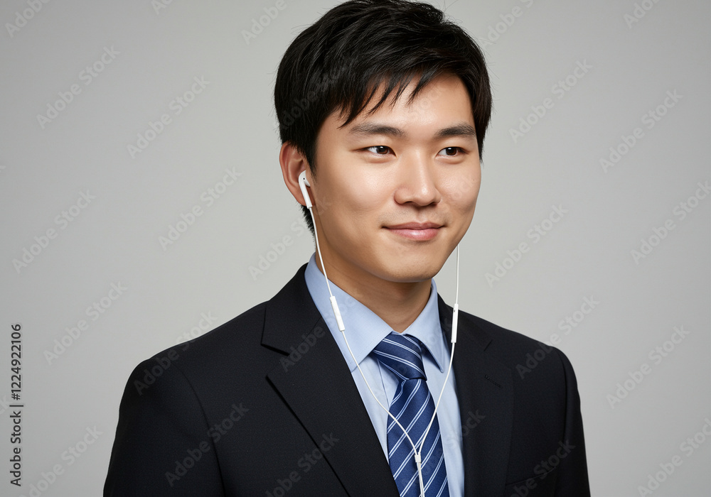 Businessman with headphones enjoying music in a formal suit smiling confidently Businessman with headphones enjoying music in a formal suit smiling confidently
