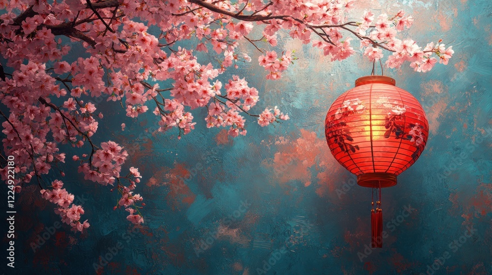Obraz premium A Glowing Red Chinese Lantern Hangs Beneath A Blossoming Cherry Tree Branch Against A Teal Textured Background. It Evokes A Serene, Peaceful Springtime Mood.