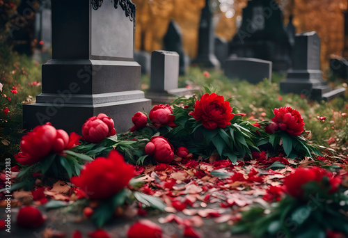 A grave site decorated with red peonies and greenery, with fallen leaves around, creating a poignant yet beautiful setting that captures the essence of loss