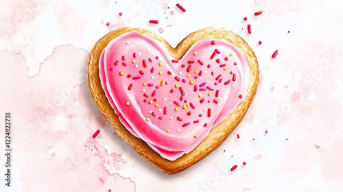 A Heart-Shaped Cookie with Pink Frosting and Sprinkles - Sweet, romantic, delicious, love, Valentine's Day.  A heart-shaped cookie covered in pink frosting and sprinkles.