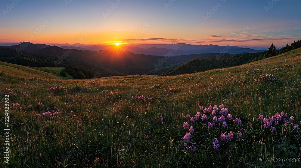 Obraz premium Serene Sunset Over Mountain Landscape with Wildflowers