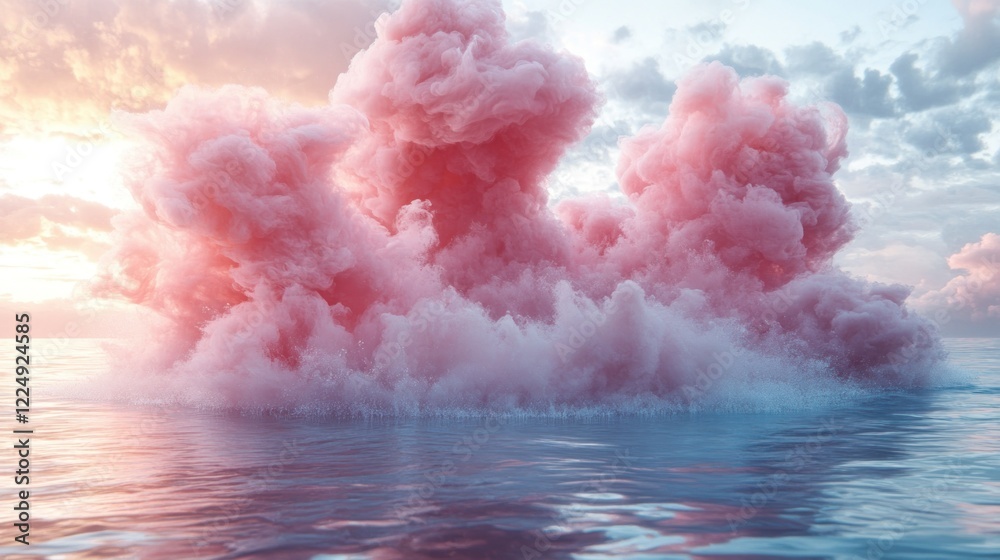 Naklejka premium Pink Cloudscape over Serene Ocean: A Dreamlike Digital Artwork