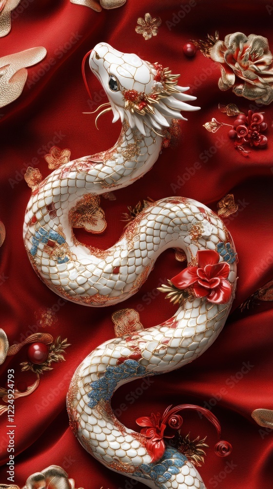 Obraz premium A Beautifully Crafted Porcelain Dragon, Adorned With Gold And Red Accents, Rests On A Rich Red Fabric. The Image Evokes A Sense Of Luxury And Artistry.