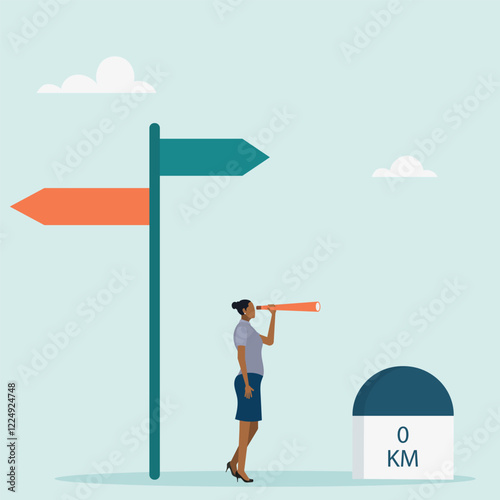 Starting a new business, vision or career path. Roadmap of business milestones. A self-confident character standing with a far-sighted look into the future at the initial milestones of the road.	