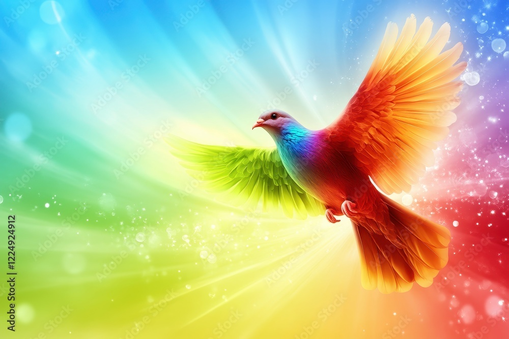 Obraz premium Colorful Abstract Bird Soaring Against a Vibrant Rainbow Background with Light Effects