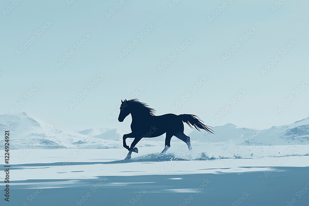 Majestic black horse galloping across a snowy landscape with mountains in the background Majestic black horse galloping across a snowy landscape with mountains in the background