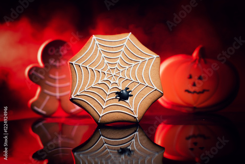 A gingerbread cookie decorated with a white icing spider web and a black spider is in the foreground, with a gingerbread man and a pumpkin in the background, all set against a red smoky backdrop