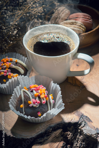 A white cup of coffee sits on a wooden surface next to two chocolate truffles decorated with white icing and colorful sprinkles in paper cups. 