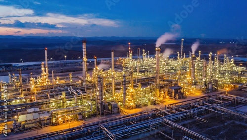 Industrial oil refinery illuminated at dusk with smokestacks