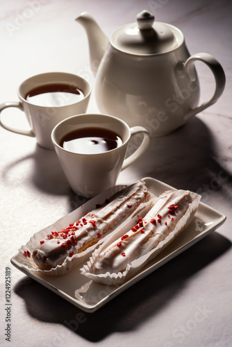 Two cups of tea and a teapot are placed on a table. In front of them, there are two eclairs with white icing and red sprinkles on a rectangular plate.